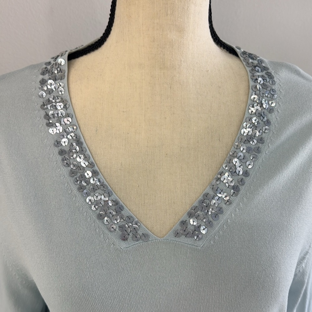 Bogari Light Blue Sequin Silk Sweater. Sz L - Picture 2 of 9